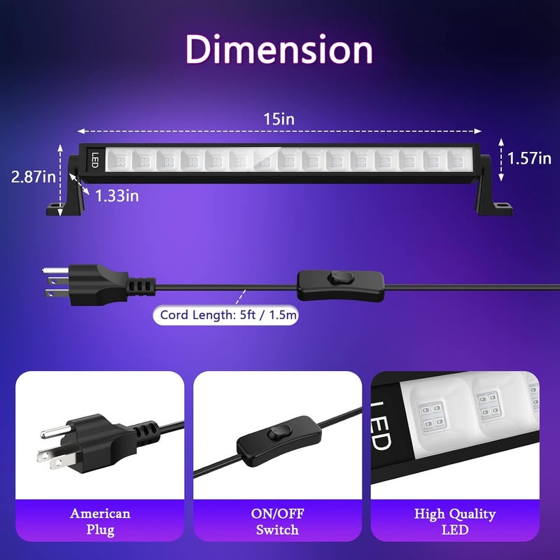 lamvip Store شريط ضوء أسود LED بقوة 38 واط، أشرطة ضوء أسود مع قابس ومفتاح تضيء منطقة 22x22 قدم لحفلات التألق وحفلات الهالوين وزينة غرف النوم وإضاءة المسرح - 4 قطع - Image 5